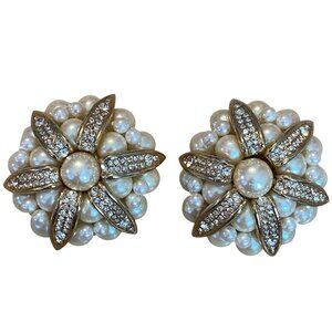 Vintage Faux Pearl & Rhinestone Floral Clip-On Earrings